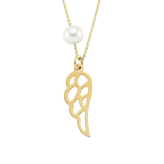 14K Gold Necklace-Gold Pearl Angel Wing Necklace