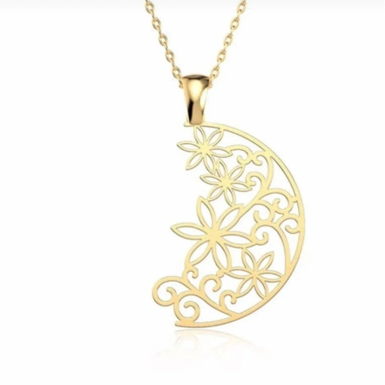 GOLD NECKLACE - Flower Half Moon
