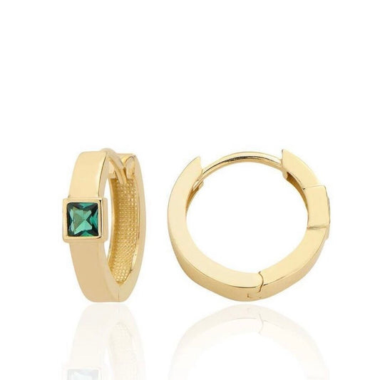 14K Gold Earring-Atom Stone Piece-Square Green Stone Hoop Earring