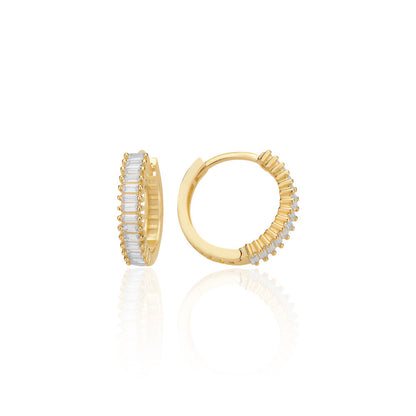 14K Gold Earring-Half Round Baguette Stone Hoop Earring Small