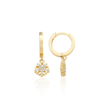 14K Gold Earring-Dangling Snowflake Hoop Earring