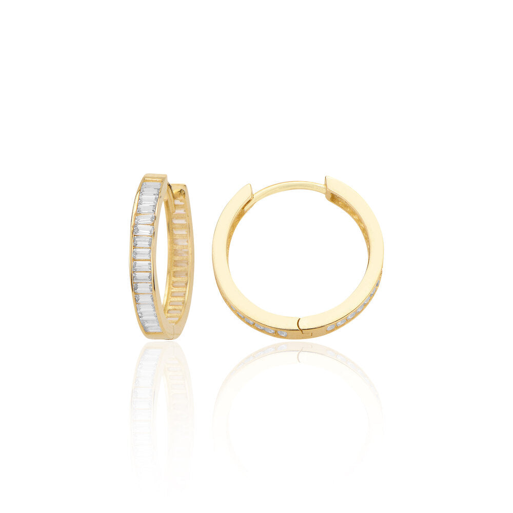 14K Gold Earring-Channel Full Round Baguette Stone Hoop Earring