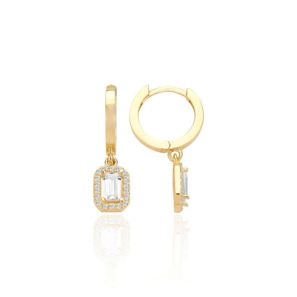 14K Gold Earring-Dangling Baguette Stone Hoop Earring